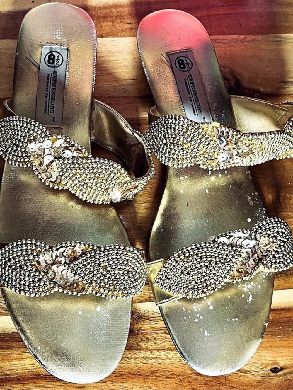 Expressions Embellished Flat Sandals in Gold US 8.5